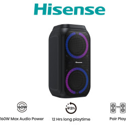 Hisense 20013565 Party Rocket 160, 2.0 canales, 160 W, Inalámbrico y alámbrico, Altavoz para fiestas, Negro, IPX4