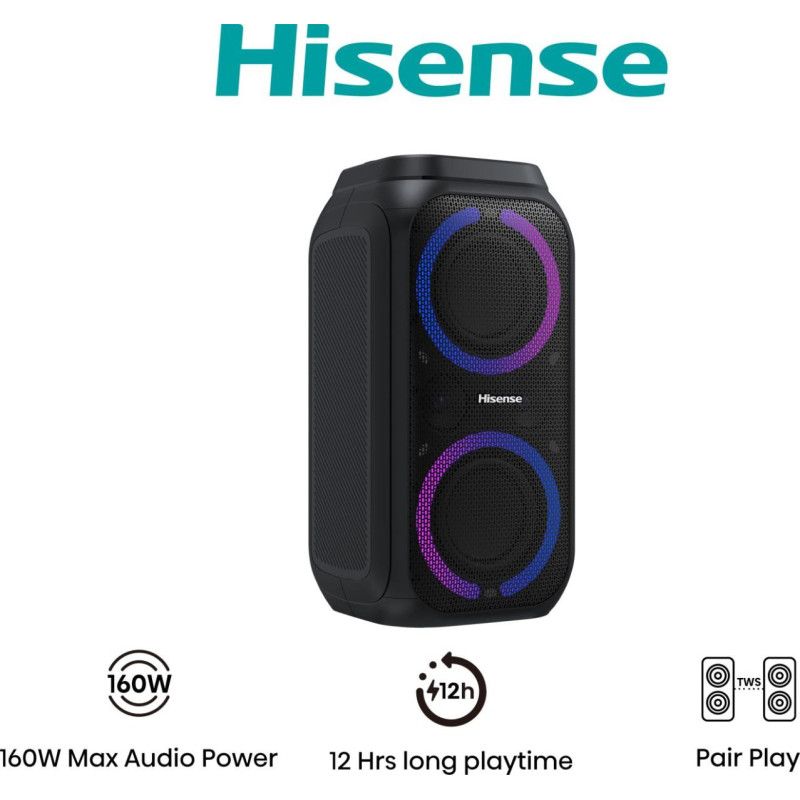 Hisense 20013565 Party Rocket 160, 2.0 canales, 160 W, Inalámbrico y alámbrico, Altavoz para fiestas, Negro, IPX4