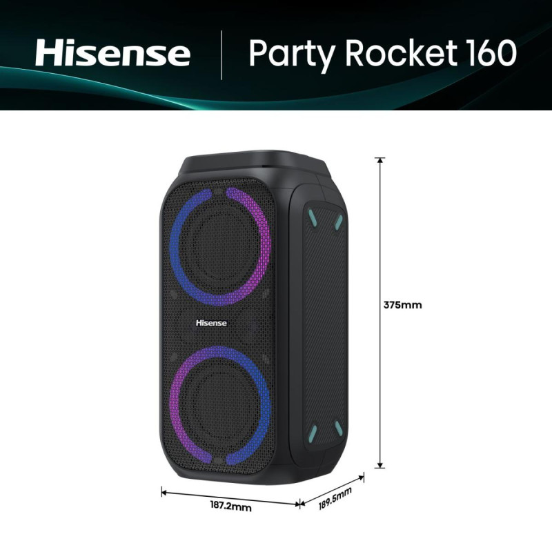 Hisense 20013565 Party Rocket 160, 2.0 canales, 160 W, Inalámbrico y alámbrico, Altavoz para fiestas, Negro, IPX4