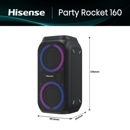 Hisense 20013565 Party Rocket 160, 2.0 canales, 160 W, Inalámbrico y alámbrico, Altavoz para fiestas, Negro, IPX4