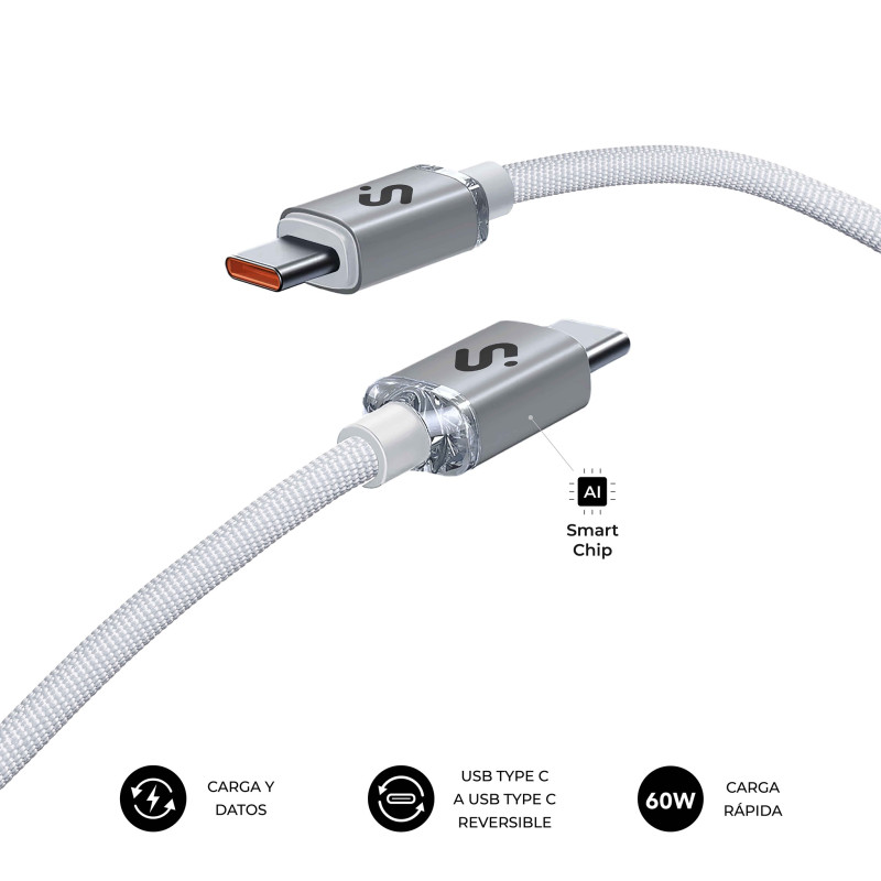 SUBBLIM SUBCAB-C06011 CABLE OPTIMUS 60W C-C 2m WHITE, 2 m, USB C, USB C, USB 2.0, 0,48 Gbit/s, Blanco