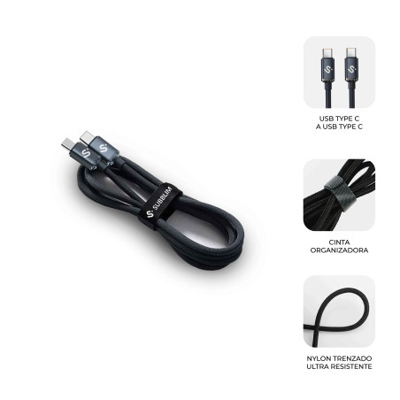 SUBBLIM SUBCAB-C06002 CABLE OPTIMUS 60W C-C 2m BLACK, 2 m, USB C, USB C, USB 2.0, 0,48 Gbit/s, Negro
