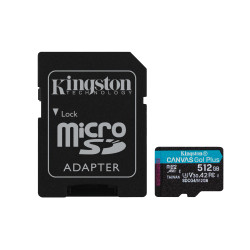 Kingston Technology SDCG4/512GB Tarjeta microSDXC Canvas Go Plus Gen4 de 512 GB, 200 MB/s, A2 U3 V30 y adaptador, 512 GB,