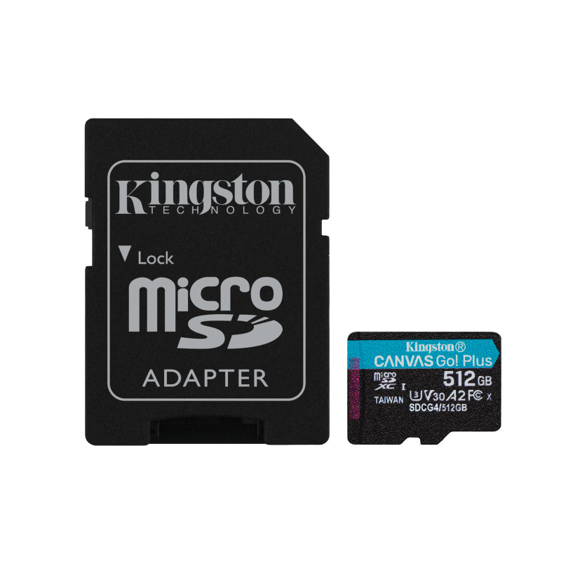 Kingston Technology SDCG4/512GB Tarjeta microSDXC Canvas Go Plus Gen4 de 512 GB, 200 MB/s, A2 U3 V30 y adaptador, 512 GB,