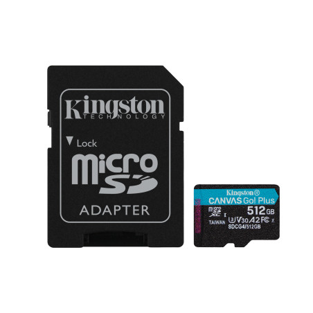 Kingston Technology SDCG4/512GB Tarjeta microSDXC Canvas Go Plus Gen4 de 512 GB, 200 MB/s, A2 U3 V30 y adaptador, 512 GB,