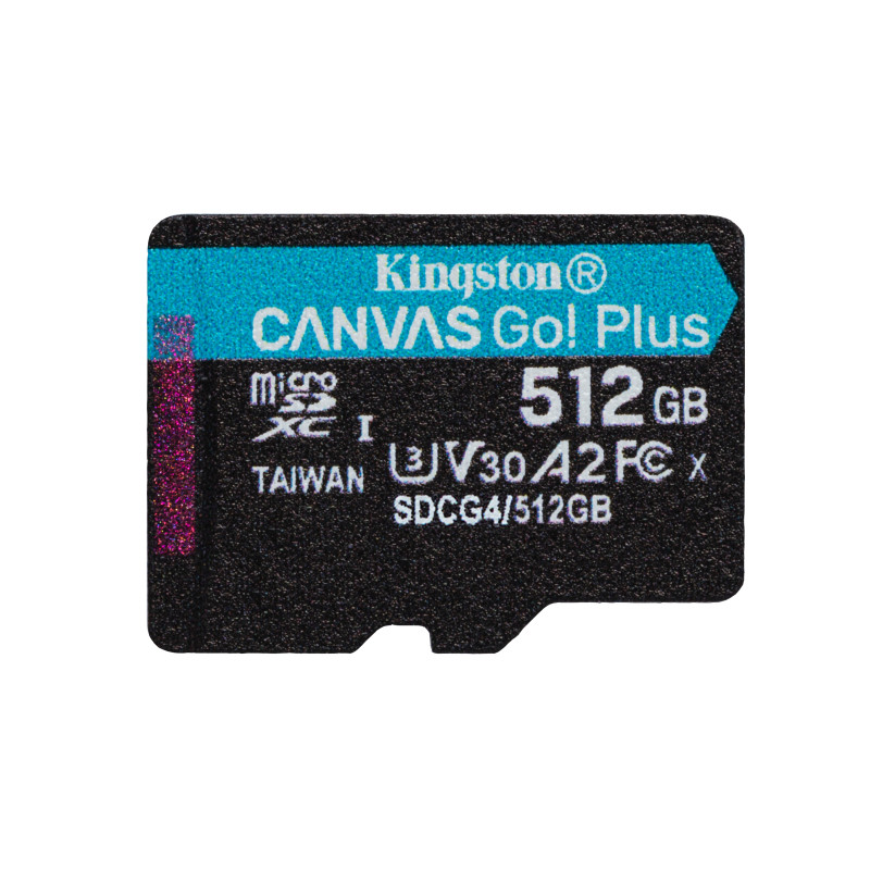 Kingston Technology SDCG4/512GB Tarjeta microSDXC Canvas Go Plus Gen4 de 512 GB, 200 MB/s, A2 U3 V30 y adaptador, 512 GB,