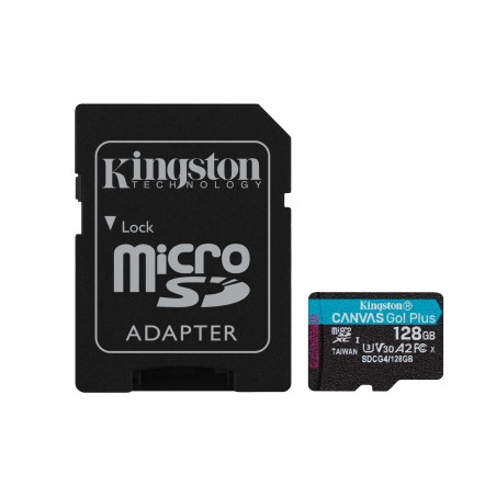 Kingston Technology SDCG4/128GB Tarjeta microSDXC Canvas Go Plus Gen4 de 128 GB, 200 MB/s, A2 U3 V30 y adaptador, 128 GB,