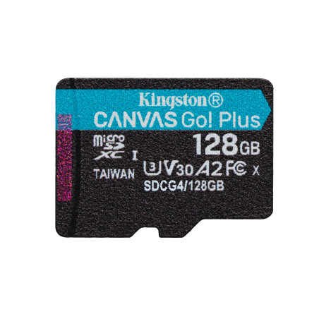 Kingston Technology SDCG4/128GB Tarjeta microSDXC Canvas Go Plus Gen4 de 128 GB, 200 MB/s, A2 U3 V30 y adaptador, 128 GB,