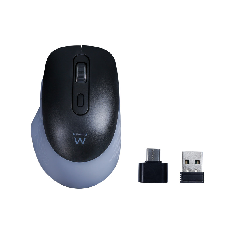 Ewent EW3243 Ratón óptico inalámbrico con conectividad multidispositivo, clics silenciosos y adaptador tipo C, mano derecha,