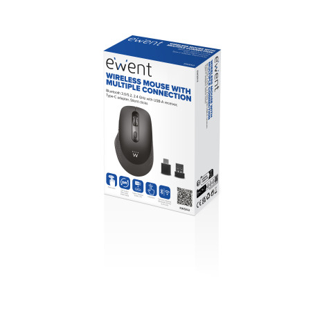 Ewent EW3243 Ratón óptico inalámbrico con conectividad multidispositivo, clics silenciosos y adaptador tipo C, mano derecha,
