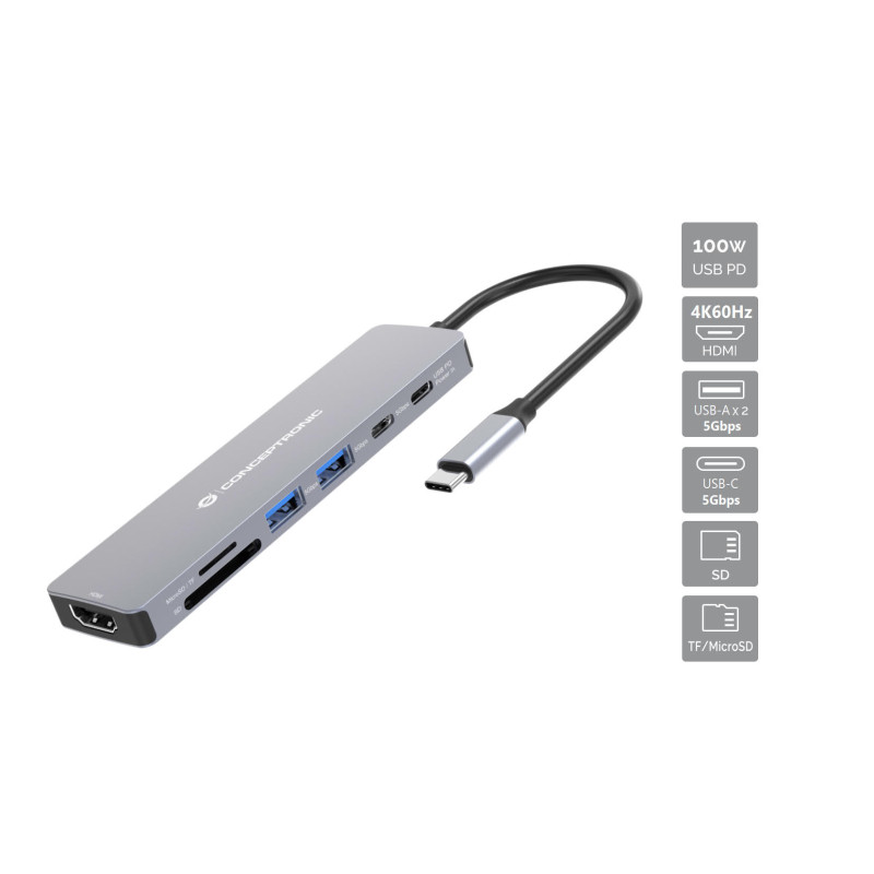Conceptronic 110522507201 DONN28G, Alámbrico, USB 3.2 Gen 1 (3.1 Gen 1) Type-C, 100 W, Gris, MicroSD (TransFlash), SD, 5 Gbit/s