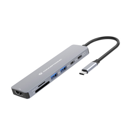 Conceptronic 110522507201 DONN28G, Alámbrico, USB 3.2 Gen 1 (3.1 Gen 1) Type-C, 100 W, Gris, MicroSD (TransFlash), SD, 5 Gbit/s