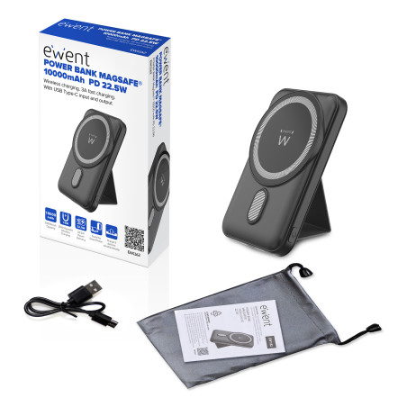 Ewent EW1162 POWER BANK Mag SAFE 10000 mAh PD 22.5W, 10000 mAh, Polímero de litio, Cargador inalámbrico, 22,5 W, Negro