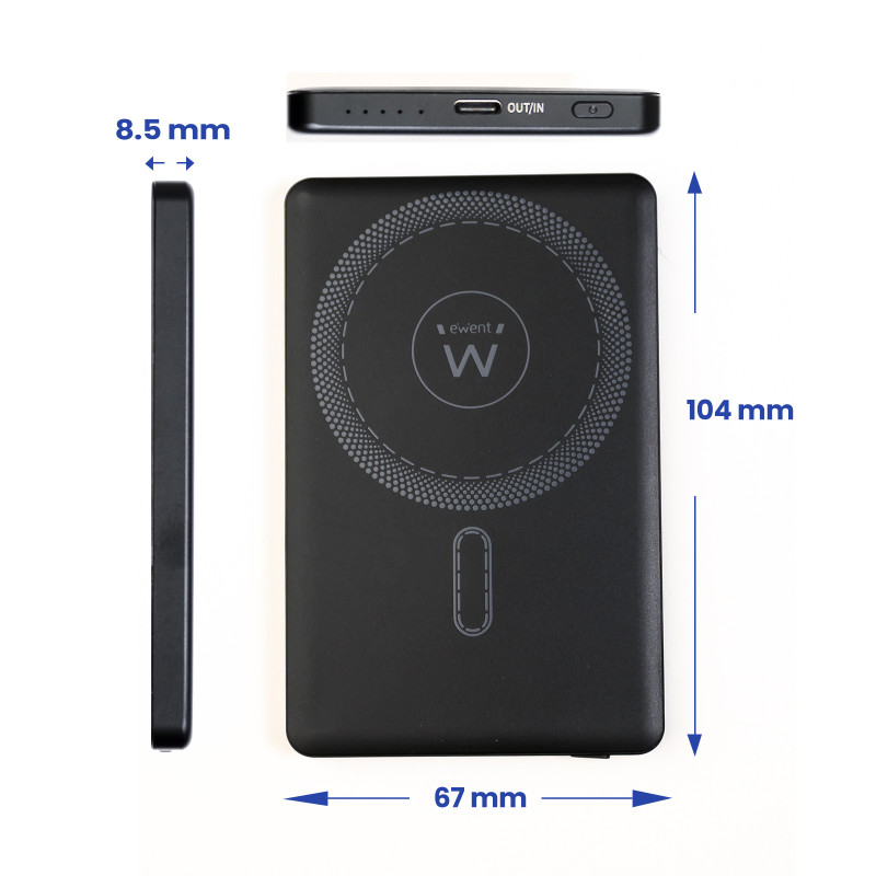 Ewent EW1160 UltraSlim 5000mAh MagSafe PD 22.5W Power Bank, 5000 mAh, Polímero de litio, Cargador inalámbrico, 22,5 W, Negro