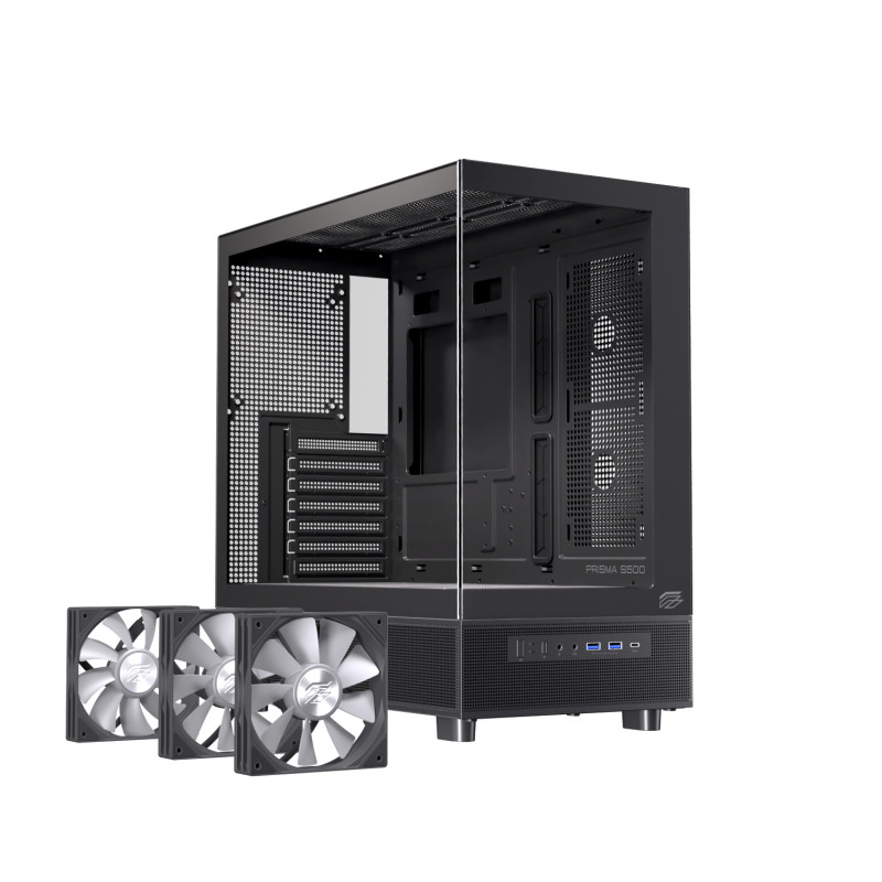Einarex EXCS-PR-500R-B PRISMA S500 RGB Black, Midi Tower, PC, Negro, ATX, micro ATX, Mini-ITX, Acero, Vidrio templado, Juego