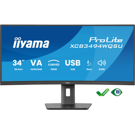 iiyama XCB3494WQSU-B1 ProLite XCB3494WQSU-B1, 86,4 cm (34"), 3440 x 1440 Pixeles, UltraWide Quad HD, LED, 0,4 ms, Negro