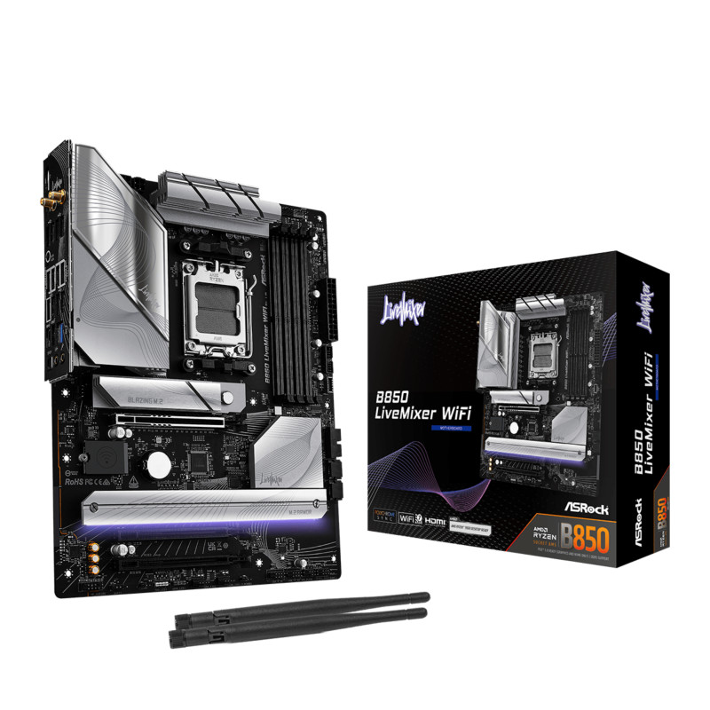 Asrock 90-MXBQU-A0UAYZ B850 LiveMixer WiFi, AMD, Zócalo AM5, AMD Ryzen 7000 Series, AMD Ryzen 8000 Series, AMD Ryzen 9000