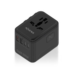 AISENS ASPS-2A3C09-BK Adaptador Enchufe Universal Para Viaje EU/USA/UK/AU Con Cargador USB GaN, 2xUSB-A (A1 QC3.0), 3xUSB-C (C1