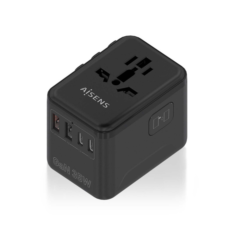 AISENS ASPS-2A3C09-BK Adaptador Enchufe Universal Para Viaje EU/USA/UK/AU Con Cargador USB GaN, 2xUSB-A (A1 QC3.0), 3xUSB-C (C1