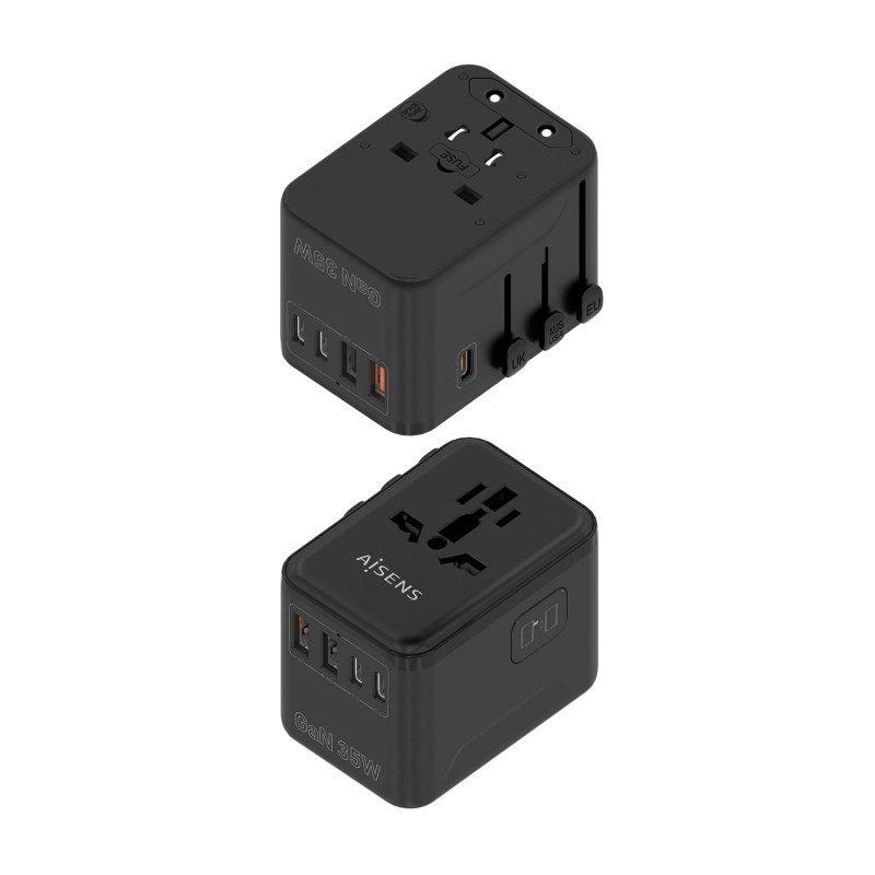 AISENS ASPS-2A3C09-BK Adaptador Enchufe Universal Para Viaje EU/USA/UK/AU Con Cargador USB GaN, 2xUSB-A (A1 QC3.0), 3xUSB-C (C1