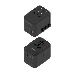 AISENS ASPS-2A2C08-BK Adaptador Enchufe Universal Para Viaje EU/USA/UK/AU Con Cargador USB GaN, 2xUSB-A QC3.0, 2xUSB-C PD3.0 2