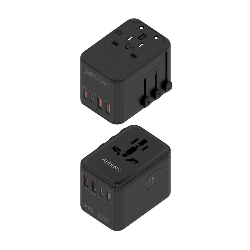 AISENS ASPS-2A2C08-BK Adaptador Enchufe Universal Para Viaje EU/USA/UK/AU Con Cargador USB GaN, 2xUSB-A QC3.0, 2xUSB-C PD3.0