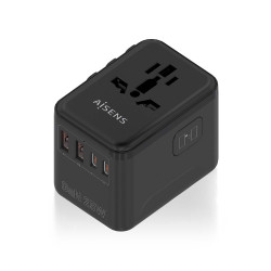 AISENS ASPS-2A2C08-BK Adaptador Enchufe Universal Para Viaje EU/USA/UK/AU Con Cargador USB GaN, 2xUSB-A QC3.0, 2xUSB-C PD3.0