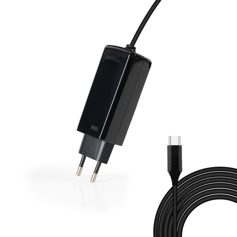 TooQ TQLC-USBCGAN100PD-C Cargador de portátil GAN USB-C PD 100W, Negro, Interior, Corriente alterna, 20 V, 5 A, 1,8 m, Negro