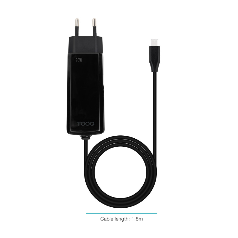 TooQ TQLC-USBCGAN90PD-C Cargador de portátil GAN USB-C PD 90W, Negro, Interior, Corriente alterna, 20 V, 4,25 A, 1,8 m, Negro