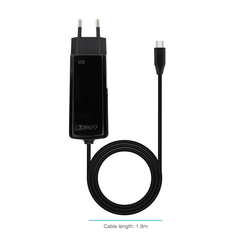 TooQ TQLC-USBCGAN65PD-C Cargador de portátil GAN USB-C PD 45W, Negro, Interior, Corriente alterna, 20 V, 3,25 A, 1,8 m, Negro
