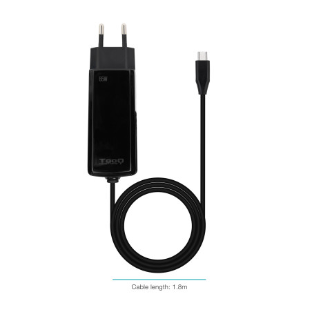 TooQ TQLC-USBCGAN65PD-C Cargador de portátil GAN USB-C PD 45W, Negro, Interior, Corriente alterna, 20 V, 3,25 A, 1,8 m, Negro