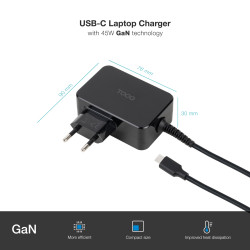 TooQ TQLC-USBCGAN45PD Cargador de portátil GAN USB-C PD 45W, Negro, Interior, Corriente alterna, 20 V, 3 A, 1,8 m, Negro 2