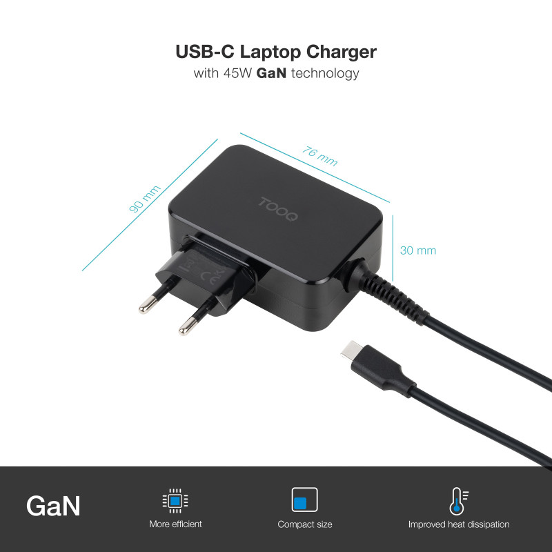 TooQ TQLC-USBCGAN45PD Cargador de portátil GAN USB-C PD 45W, Negro, Interior, Corriente alterna, 20 V, 3 A, 1,8 m, Negro