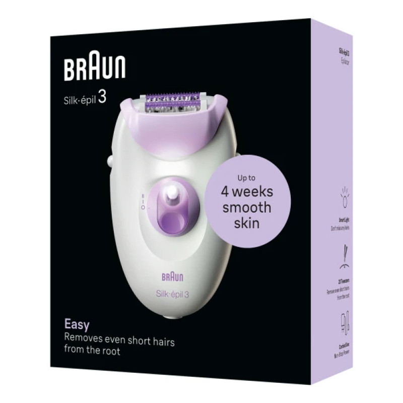 Braun SE3-000 Silk-épil 3 3-000, Púrpura, Blanco, 20 pinzas, MicroGrip, Corriente alterna, 100 - 240 V, 50 - 60 Hz