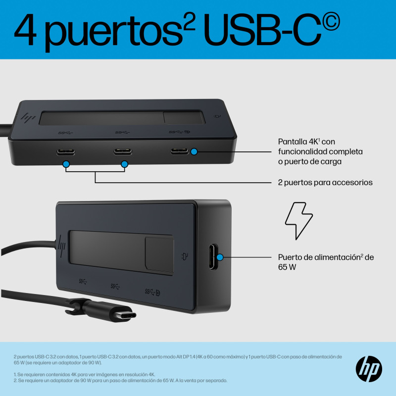 HP 6G843AA#ABB Concentrador multipuerto USB-C 4K de, USB Tipo C, USB 3.2 Gen 2 (3.1 Gen 2) Type-C, 10000 Mbit/s, Negro, 4K