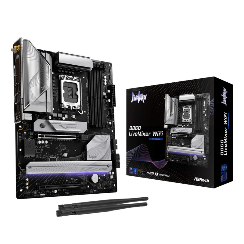 Asrock 90-MXBQV-A0UAYZ B860 LiveMixer WiFi, Intel, LGA 1851 (Socket V1), Intel Core Ultra (Series 2), LGA 1851, DDR5-SDRAM, 256