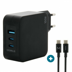 Mobilis 001365 Charger 100W 2USB C 1USBA GaN cable 100W, Interior, Corriente alterna, Negro