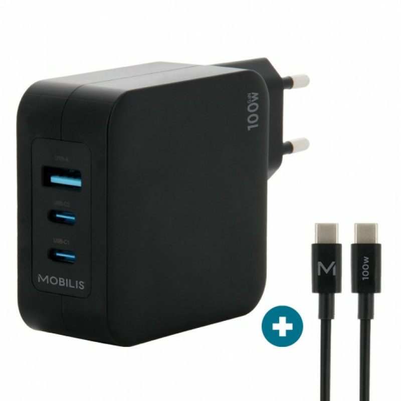 Mobilis 001365 Charger 100W 2USB C 1USBA GaN cable 100W, Interior, Corriente alterna, Negro