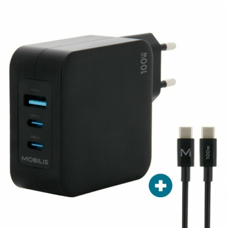 Mobilis 001365 Charger 100W 2USB C 1USBA GaN cable 100W, Interior, Corriente alterna, Negro