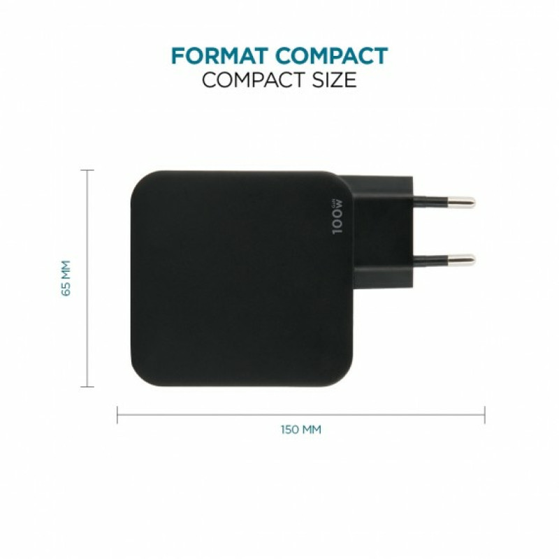 Mobilis 001365 Charger 100W 2USB C 1USBA GaN cable 100W, Interior, Corriente alterna, Negro