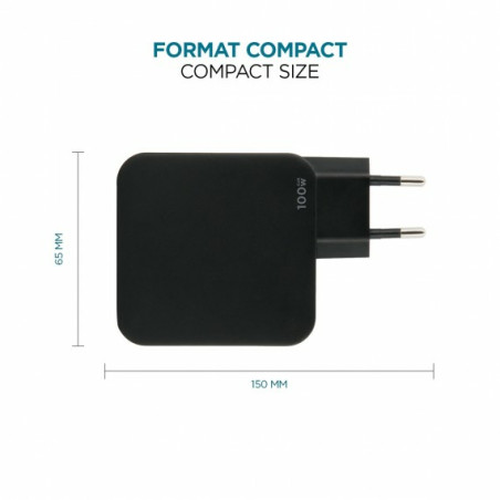 Mobilis 001365 Charger 100W 2USB C 1USBA GaN cable 100W, Interior, Corriente alterna, Negro
