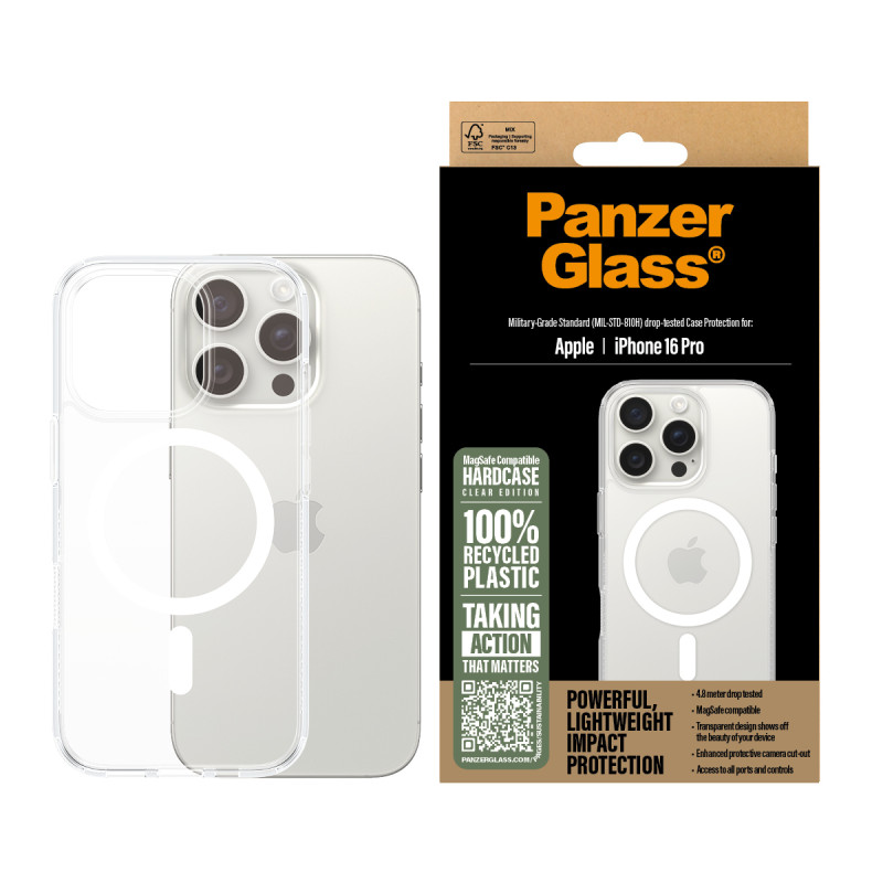 PanzerGlass 1292 ® HardCase Transparent w. White MagSafe iPhone 16 Pro, Funda, Apple, Apple - iPhone 16 Pro, Transparente