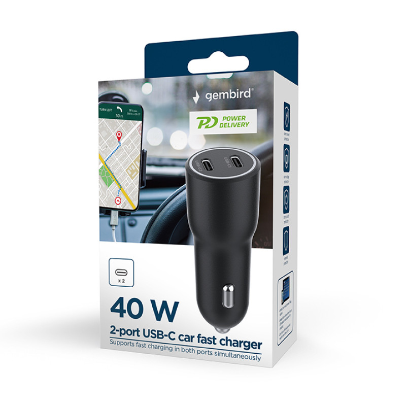 Gembird TA-UC-C2PD40-CAR-01 TA-UC-C2PD40-CAR-01, Auto, Encendedor de cigarrillos, Negro
