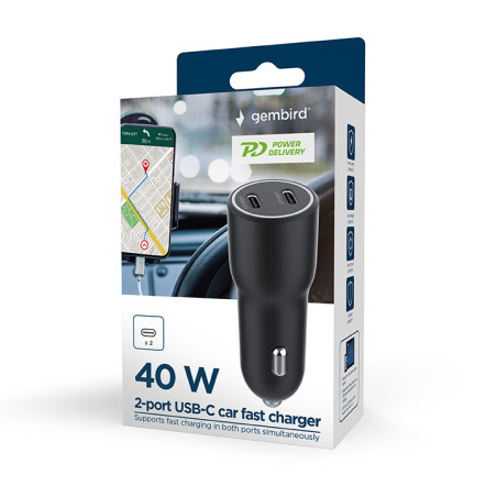 Gembird TA-UC-C2PD40-CAR-01 TA-UC-C2PD40-CAR-01, Auto, Encendedor de cigarrillos, Negro