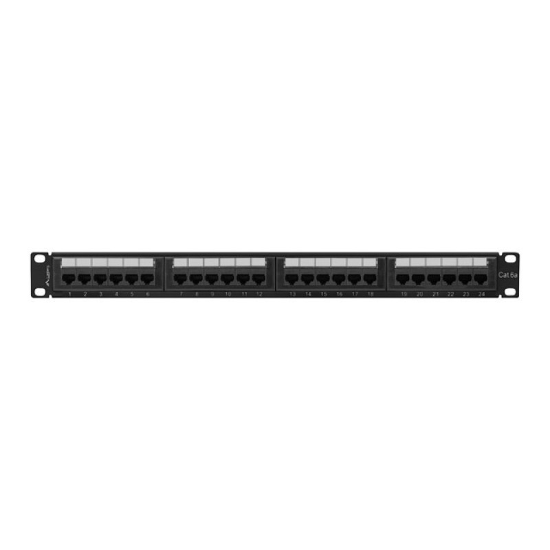 Lanberg PPUA-1024-B PPUA-1024-B, Cat6a, U/UTP (UTP), Montaje en bastidor, 1U, Negro, ABS, Metal