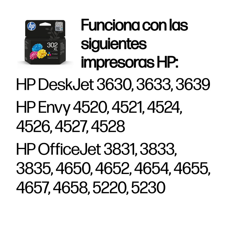 HP F6U67AE Cartucho de tinta original 302XL de alta capacidad tricolor, Alto, Cian, Magenta, Amarillo, Tinta a base de