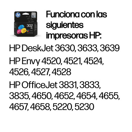 HP F6U67AE Cartucho de tinta original 302XL de alta capacidad tricolor, Alto, Cian, Magenta, Amarillo, Tinta a base de
