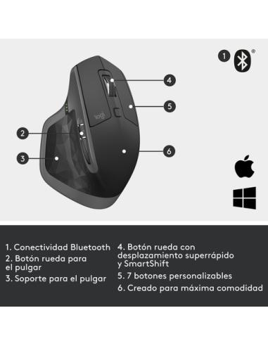 Logitech MX Master 2S Wireless Mouse ratón Oficina mano derecha RF Wireless + Bluetooth Laser 4000 DPI