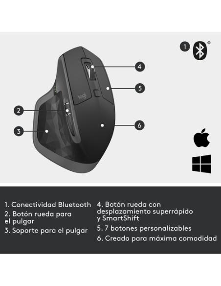 Logitech MX Master 2S Wireless Mouse ratón Oficina mano derecha RF Wireless + Bluetooth Laser 4000 DPI