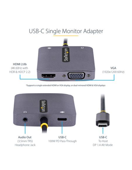 StarTech.com Adaptador de Vídeo USB C, Adaptador Multipuertos USB Tipo C a HDMI VGA con Salida de Audio de 3,5mm, HDR 4K a 60Hz,